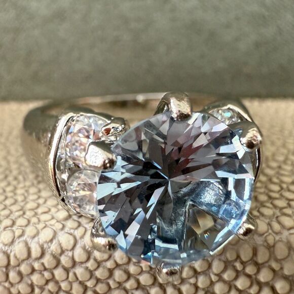 Statement Silver Tone Ring Large Blue Stone Round Cut Side Accents Size 9 - Picture 11 of 17